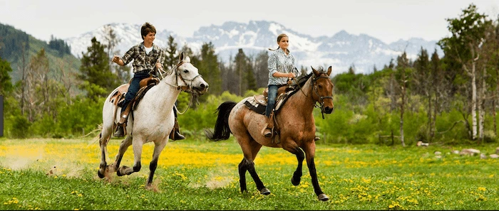 Confident plus-size woman riding Kirkby in Ashfield a horse through a field with a smile on her face.